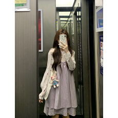 批发实拍 蝴蝶印花薄款长袖上衣紫色短裙两件套