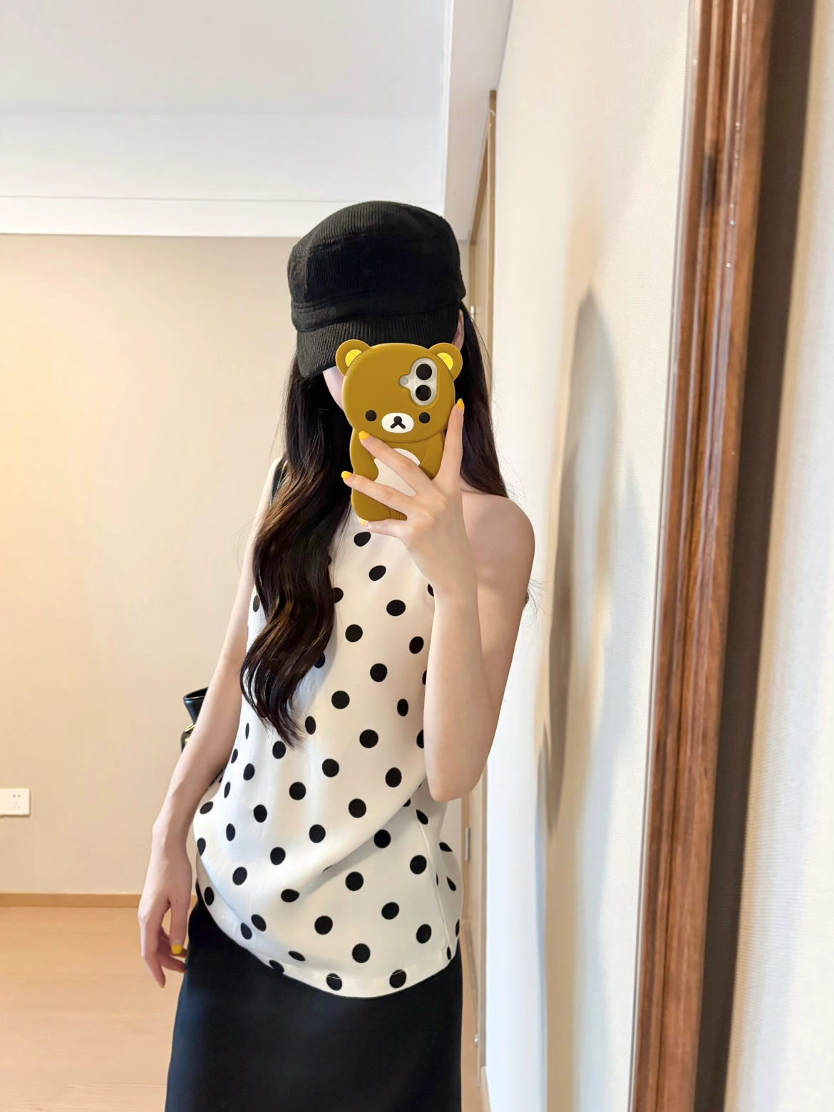 실사 레트로 행침 목 백리스 캐미솔 흑인과 백인 도트 무늬 맨위