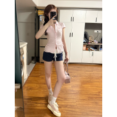 实拍 韩系掐腰衬衫修身显瘦短袖上衣口袋衬衣