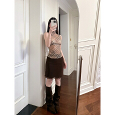 批发实拍 高级感纯欲薄纱格子上衣+设计感高腰短裙两件套