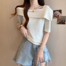 批发纯欲风一字肩短袖<b class='q'>针织</b>衫女mm2026年夏季显瘦遮肚子设计感小众上衣
