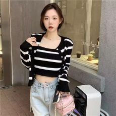 批发小个子针织两件套装女2026秋季新款高端条纹吊带背心<b class='q'>薄款</b>长袖开衫