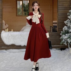 批发法式<b class='q'>甜美</b>公主风蝴蝶结设计秋季新款修身长袖气质针织小众连衣长裙