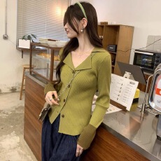 批发韩系慵懒小香风修身美式v领针织<b class='q'>开衫</b>外套女<b class='q'>秋季</b>新款袖口拼接上衣