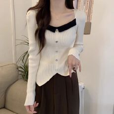 批发性感不规则撞色<b class='q'>针织</b>衫女秋季小香风设计感长袖内搭打底衫短款上衣