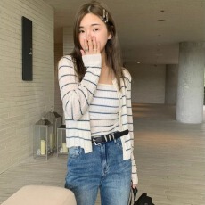 批发2025秋季新款<b class='q'>修身</b>条纹两件套装针织开衫吊带背心毛衣<b class='q'>外套</b>薄款上衣