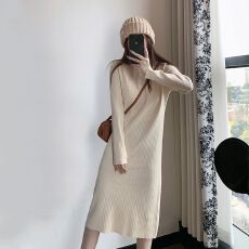 批发配大衣的针织连衣裙女秋季款长袖<b class='q'>中长款</b>内搭打底毛衣裙小个子长裙