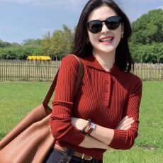 批发法式内搭红色polo领气质针织衫上衣女秋季<b class='q'>修身</b>短款翻领毛衣打底衫