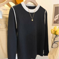 批发高级感圆领撞色针织打底衫女2025春秋新款毛衣内搭<b class='q'>修身</b>慵懒风上衣