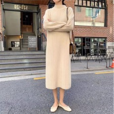 批发秋冬半高领显瘦<b class='q'>宽松</b><b class='q'>打底衫</b>直筒韩版长款针织竖条过膝毛衣裙连衣裙