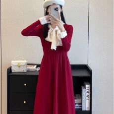 批发设计感花边拼接<b class='q'>蝴蝶结</b>气质针织<b class='q'>连衣裙</b>打底裙秋冬收腰甜美内搭长裙