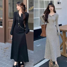 批发2025年女装韩系高级感气质半开领长袖连衣裙秋冬收腰显瘦A字裙