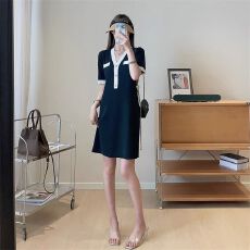 批发夏季新款黑色轻奢高弹纱线复古撞色V领短袖气质名媛连衣裙子