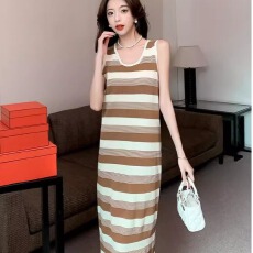 批发韩版条纹背心吊带夏季新款显瘦无袖过膝修身中长款洋气针织连衣裙
