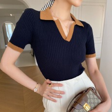 批发法式高级感气质polo衫女夏季撞色V领短袖冰丝上衣<b class='q'>修身</b>内搭针织衫