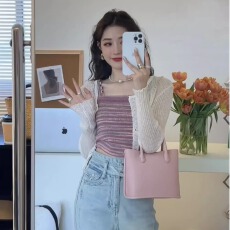批发夏季新款<b class='q'>韩版</b>撞色条纹吊带背心女外搭冰丝<b class='q'>长袖</b>针织防晒开衫两件套