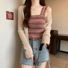 批发2026秋季撞色小<b class='q'>吊带</b><b class='q'>背心</b><b class='q'>打底衫</b>+薄款长袖开衫短款针织小衫两件套