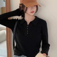 批发polo领长袖短款针织衫女2026秋小个子修身显瘦内搭毛衣打底衫上衣