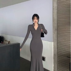 批发御姐风辣妹长袖针织<b class='q'>连衣裙</b>女秋季新款修身显瘦洋气包臀长款鱼尾裙