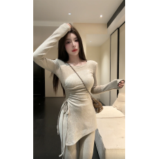 批发实拍实价~冬季新款懒惰风<b class='q'>修身</b>时尚纯欲上衣＋休闲百搭长裤套装