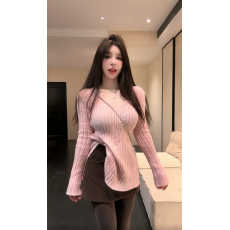 批发实拍实价~<b class='q'>冬</b>季新款休闲宽松打底衫V领长袖纯欲百搭上衣T恤