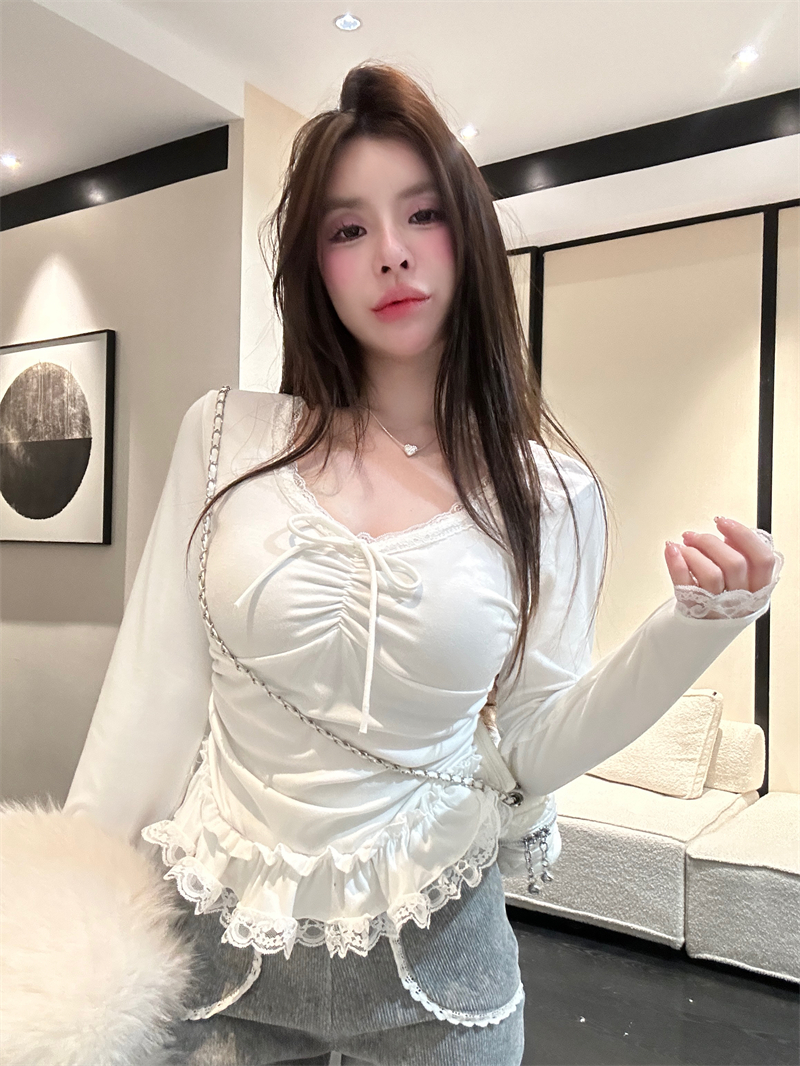 실사 정가 겨울 새로운 순수한 욕망 슬림해 보이는 다용도 레이스 조각 긴팔 기본 셔츠 털이 있고 두꺼운 맨위
