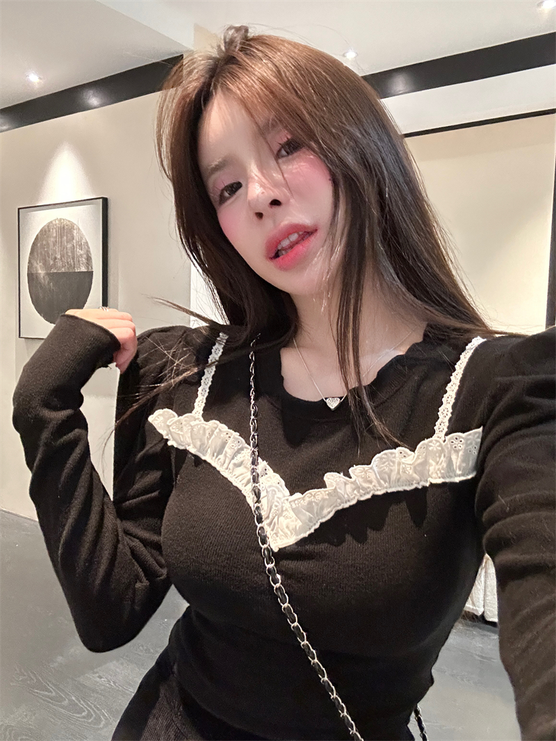 실사 정가 겨울 새로운 레이스 조각 페이크 레이어드 순수한 욕망 몸매 가꾸기 다용도 만나는 맨위 티셔츠 벨트 어깨 패드