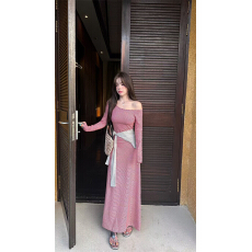 批发实拍实价~春季新款辣妹风斜肩A字裙高腰极简时尚百搭条纹连衣裙