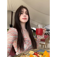 批发实拍实价~春季新款纯欲辣妹风修身<b class='q'>V领</b>上衣时尚格子网纱<b class='q'>T</b><b class='q'>恤</b>女