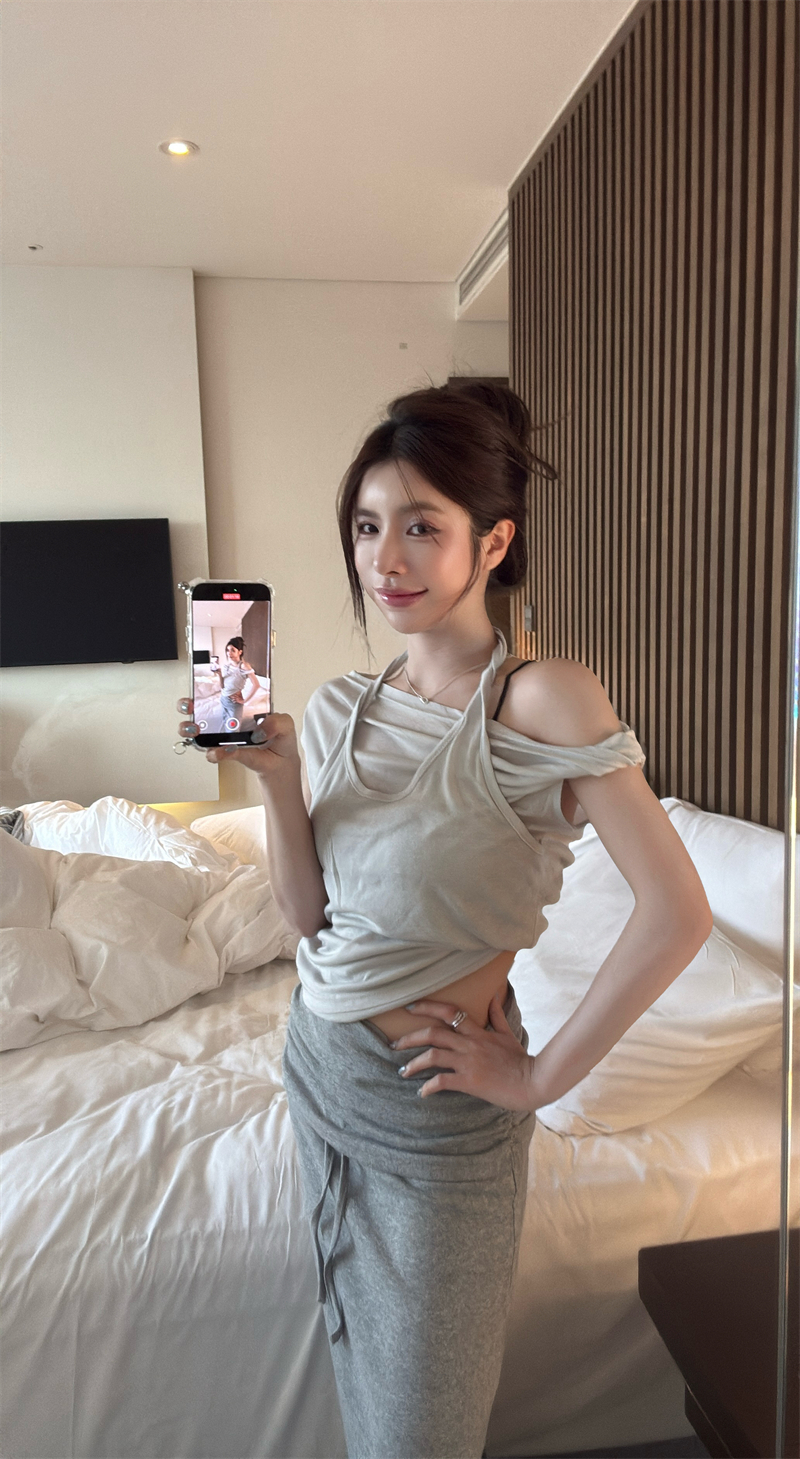 실사 정가 여름 새로운 한 부서 품격 행침 목 주름 맨위 티셔츠 하이웨이스트 슬림해 보이는 반신 스커트