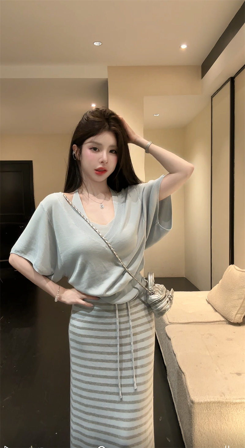 실사 정가 여름 새로운 한 부서 행침 목 레이스업 불규칙 사실 두 조각 맨위 코디 반신 치마 세트