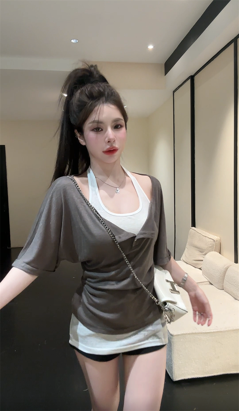夏季新款韩版韩系真两件慵懒风挂脖短袖上衣女  服裝批發女裝批發服飾貨源