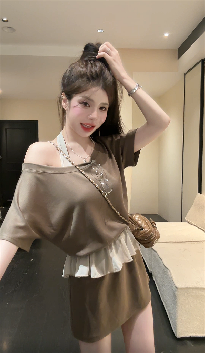 실사 정가 여름 새로운 한 부서 오프숄더 페이크 레이어드 맨위 하이웨이스트 미니 스커트 투피스 세트 패션 세트
