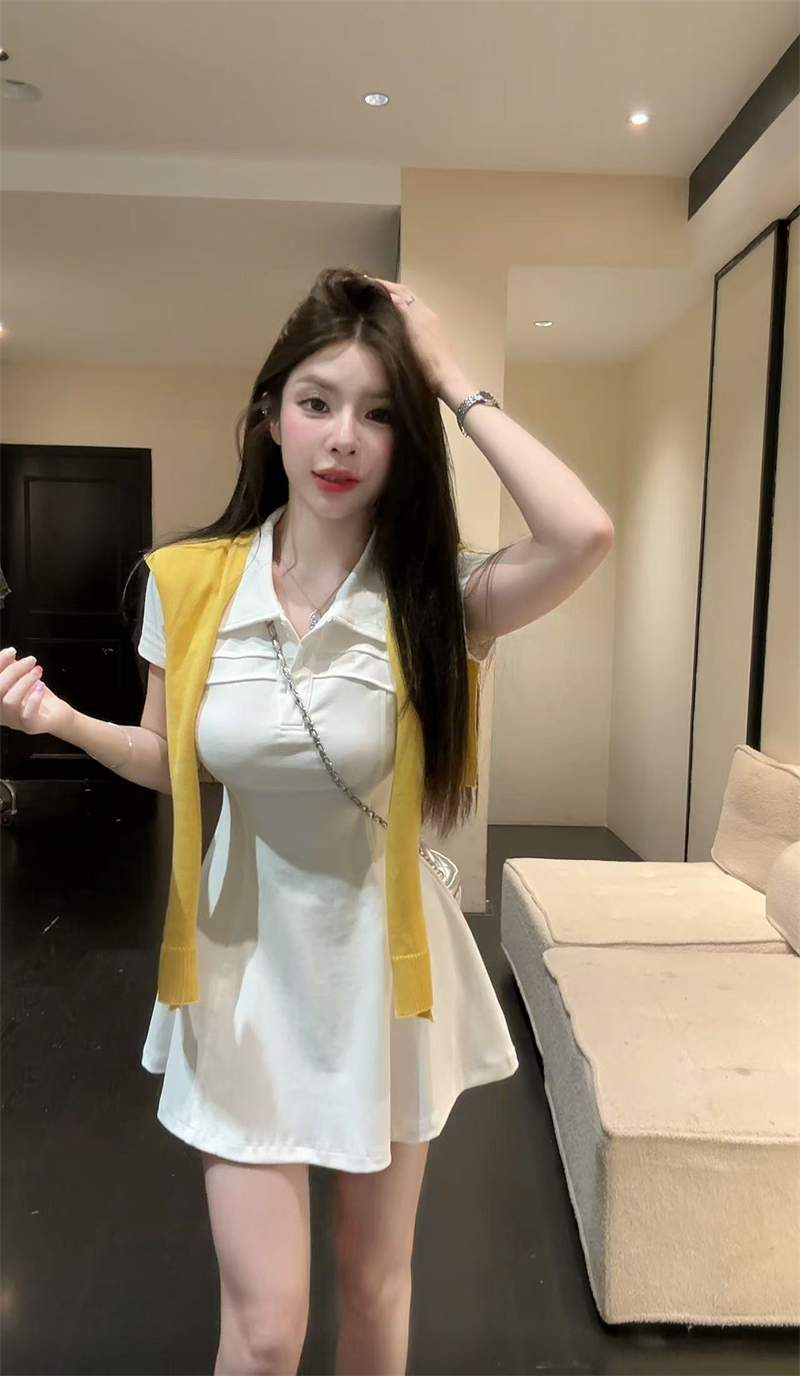 夏季新款韩系学院风高腰显瘦polo领百搭连衣裙带披肩  服裝批發女裝批發服飾貨源