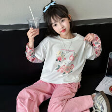 批发女童T恤2025新款夏装小女孩洋气休闲印花假两件拼接上衣<b class='q'>儿童</b>防晒