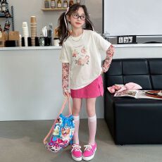 批发女童T恤2025新款夏装小女孩洋气休闲印花假两件拼接上衣<b class='q'>儿童</b>防晒