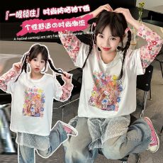 批发女童T恤2025新款夏装小女孩洋气休闲印花假两件拼接上衣<b class='q'>儿童</b>防晒