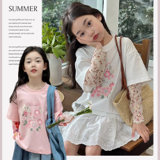 批发女童T恤2025新款夏装小女孩洋气休闲印花假两件拼接上衣<b class='q'>儿童</b>防晒