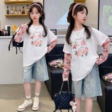 批发女童T恤2025新款夏装小女孩洋气休闲印花假两件拼接上衣<b class='q'>儿童</b>防晒