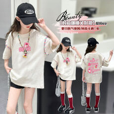 批发女童纯棉短袖2025<b class='q'>夏</b>季新款洋气插肩袖T恤中大童韩版洋气宽松上衣