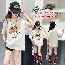 批发女童纯棉短袖2025<b class='q'>夏</b>季新款洋气插肩袖T恤中大童韩版洋气宽松上衣