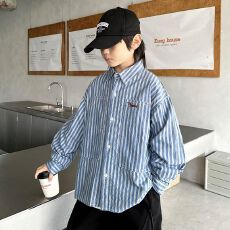 批发男童衬衫春秋款2025新款儿童装秋季休闲宽松条纹衬衣外套男孩秋装