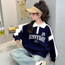 批发女童秋季Polo领卫衣春秋季新款中大童网红女孩宽松百搭套头卫衣潮