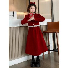 批发女童秋冬季连衣裙2025新款洋气儿童小香风红色过年服大童<b class='q'>套装</b>裙子