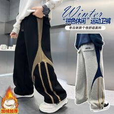 批发男童加绒冬季裤子2025新款帅气男孩秋冬中大童运动拼色奥粒绒卫裤