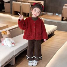 批发女童加绒外套冬季新款2025韩版洋气女宝宝加厚红色新年款毛绒上衣