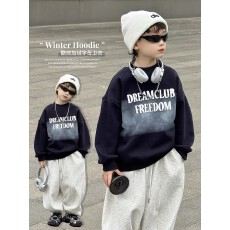 男童秋冬装酷感风儿童字母印花加绒卫衣宽松中大童加厚冬季打底衫