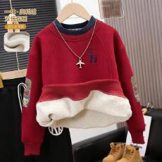 拜年服男童2025新款加绒加厚奥粒绒卫衣秋冬保暖中大童男孩上衣