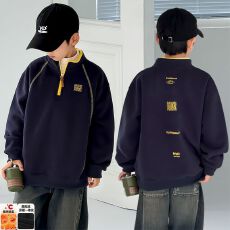 儿童加绒卫衣秋冬2025新款奥粒绒半拉链立领中大童洋气长袖上衣