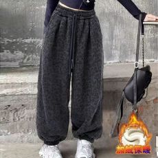 儿童加绒加厚裤子洋气时髦女孩秋冬阔腿裤女童奥粒绒中大童长裤